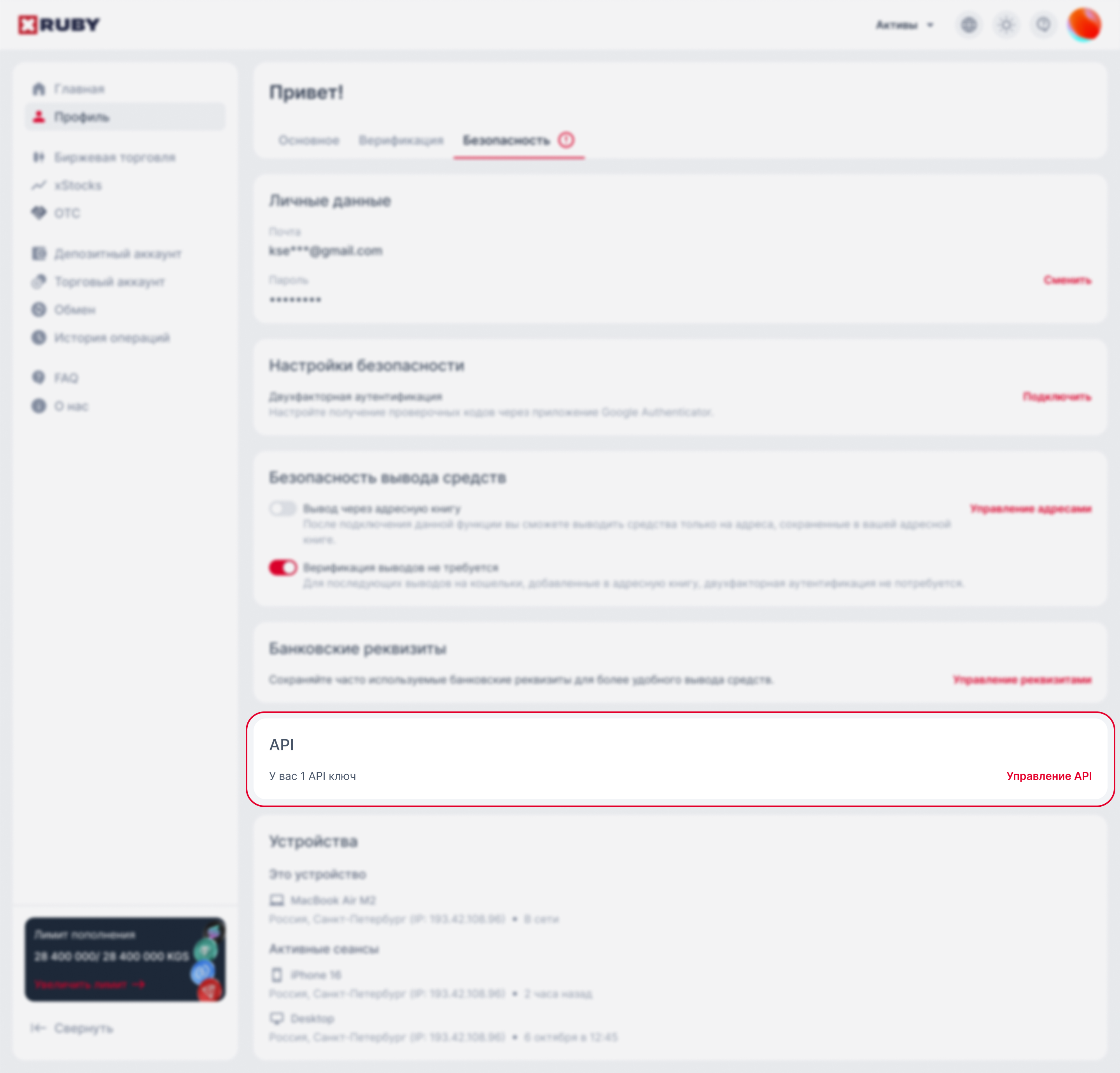 Профиль — вкладка «Безопасность» бизнес-аккаунта, карточка API